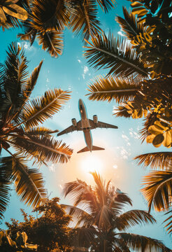 Airplane flying over palm trees and tropical plants against blue sky
