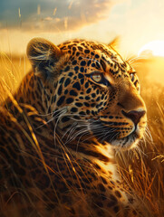 Leopard lying in the grass at sunset