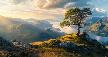Lone tree on the edge of hill with view of the lake District in the background - obrazy, fototapety, plakaty