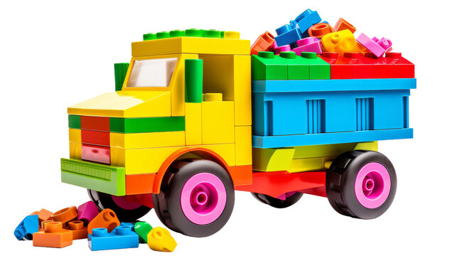 A playful toy truck overflowing with colorful blocks