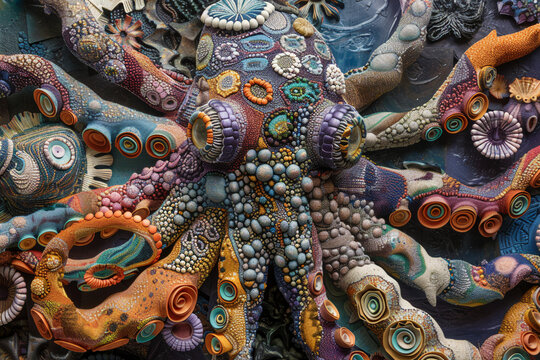 Design an abstract tapestry of marine life transformed into fanciful creatures of the deep, their enchanting forms embellished with intricate patterns and extravagant accessories 