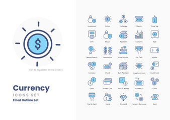 Currency icons set such as, Dollar, Euro, Pound, Yen, Yuan, Rupee, Franc, Peso, Lira, Baht, Rand, Ruble, Won, Shekel, vector stock illustration - obrazy, fototapety, plakaty