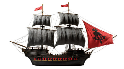 A majestic pirate ship sails on the open seas with a striking red flag fluttering in the wind
