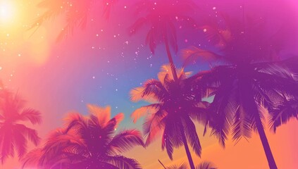 Fototapeta na wymiar Abstract summer background with palm trees, sunset and sun rays pink purple orange gradient an attractive element for your presentation or social media profile banner Generative AI