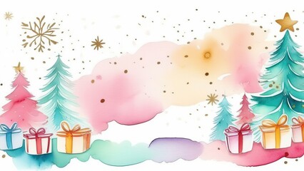 Fototapeta premium Greeting card with place for text for Christmas, Christmas illustration for postcard or poster in watercolor style. New Year and Christmas. New Year's boxes, Christmas trees, Christmas tree toys.