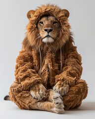 Lion Animal sitting on the floor, wearing a furry suit on white background fashion studio photography