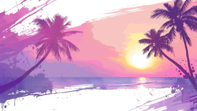 banner background with palm trees, sunset, summer vacation concept design for poster or presentation, purple and pink color scheme Generative AI