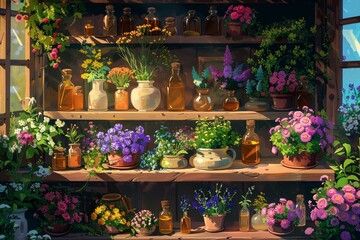 Fototapeta na wymiar Herbal and floral alchemy, a cozy crafting vector scene