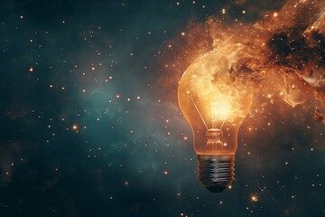 A glowing lightbulb with a fiery burst, symbolizing a powerful idea against a starry space background.
