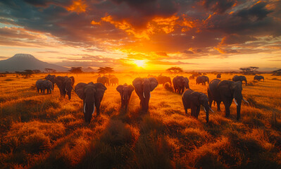 Sunset of animals on the plains with mountains, in the style of majestic elephants - obrazy, fototapety, plakaty