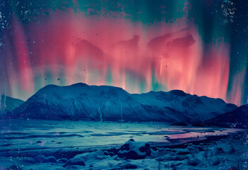 Naklejka premium Northern lights and mountains in the background