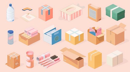 packaging cartons, product branding icons, and vector illustrations