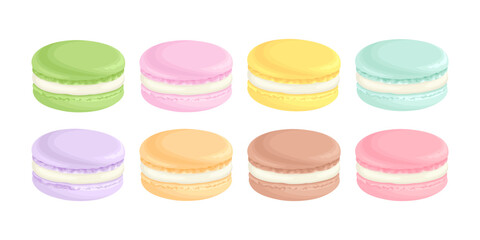 Macaron cookies set. Vector cartoon illustration of colorful French dessert. 