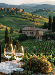 Naklejka premium Two wineglasses and grapes on the terrace of winery in Tuscany Italy