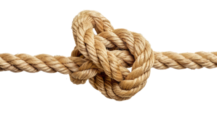 Rope knot isolated on transparent background as a strong nautical marine line tied together as a symbol for trust and faith and a metaphor for strength or stress.