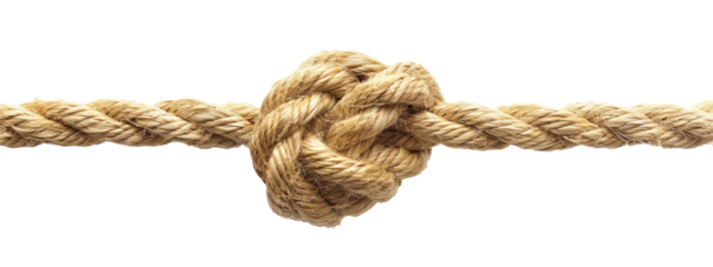 Rope knot isolated on transparent background as a strong nautical marine line tied together as a symbol for trust and faith and a metaphor for strength or stress.