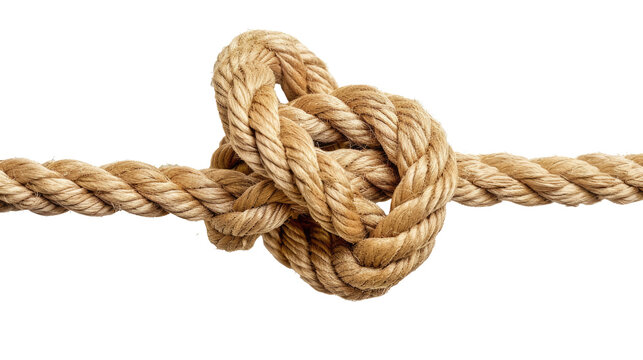 Rope knot isolated on transparent background as a strong nautical marine line tied together as a symbol for trust and faith and a metaphor for strength or stress.