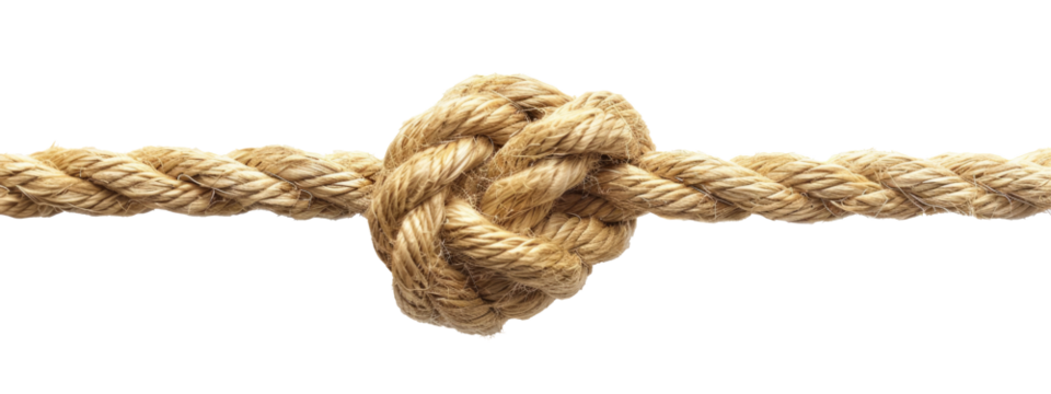 Rope knot isolated on transparent background as a strong nautical marine line tied together as a symbol for trust and faith and a metaphor for strength or stress.