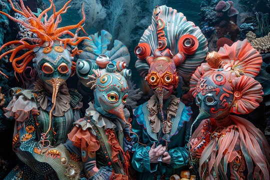Generate a fanciful underwater tableau featuring abstract marine animals as the stars of an underwater masquerade, their elaborate costumes and masks adding an air of mystery and allure