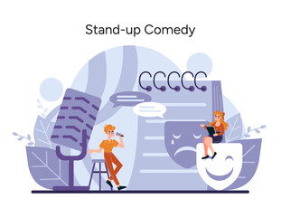 Illustration captures the essence of humor with comedians delighting an unseen audience, evoking laughter and joy