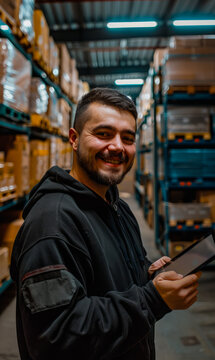 Young man is working in warehouse with tablet.