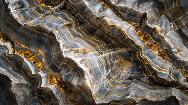 A close-up of a piece of dark gray marble, showing off its gold and white patterns that mimic natural landscapes. The high-resolution image brings out the depth and compl