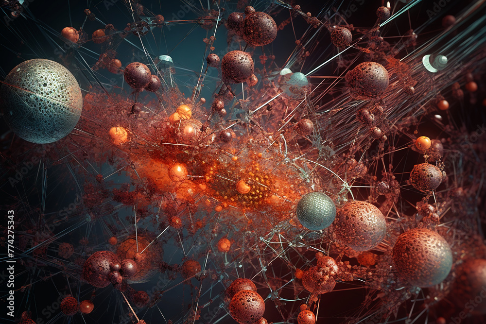 Poster abstract scientific concept with connected cells and particles. science microscopic background.