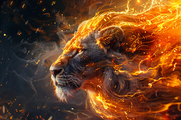 Generate an abstract lion cub portrayed as a mythical creature, with elements of fire and lightning intertwining with its magnificent mane - obrazy, fototapety, plakaty