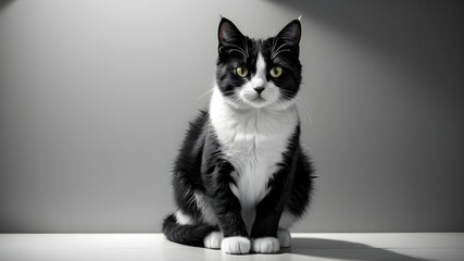 Adorable black and white kitty with monochrome wall behind her.