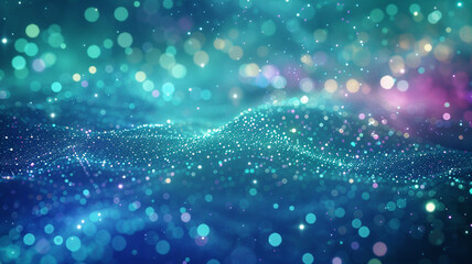 A cosmic field of iridescent dots, shimmering in hues of teal and violet, connected by lines that...