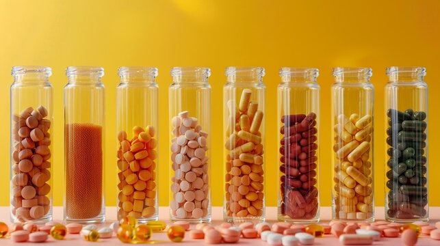 Assorted capsules in glass vials on a health-focused PNG backdrop