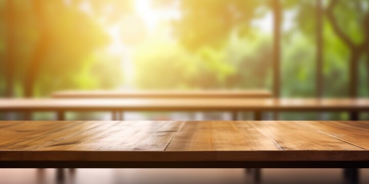 The wooden table top with blur background of classroom. Exuberant image. generative AI