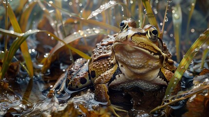 A peculiar frog amidst dewy vegetation spotlighting natures oddities and wonders. - obrazy, fototapety, plakaty
