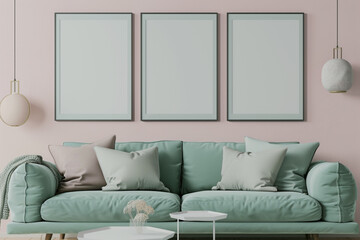 A cozy living room designed in Scandinavian style featuring a mint green sofa set against a pale pink wall. Three blank mock-up poster frames of varying sizes hang above the sofa, surroun
