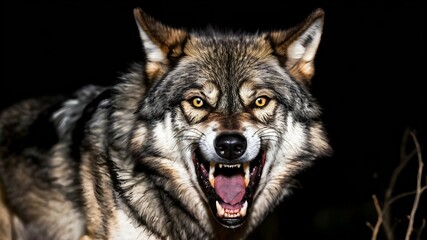 Gray wolf snarls defending territory in darkness. - obrazy, fototapety, plakaty