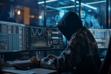 Hacker immersed in cybercrime activities, utilizing sophisticated technology and clandestine tactics to infiltrate systems and compromise digital security. - obrazy, fototapety, plakaty