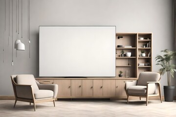 Mockup a cabinet TV wall mounted with armchair in minimal style on transparent background.3d rendering