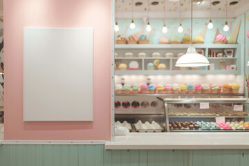 Modern ice cream parlor with blank wall frame and colorful cones
