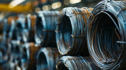 coils of steel or iron wire piled in the metalworking sector. annealing wire drawing - obrazy, fototapety, plakaty