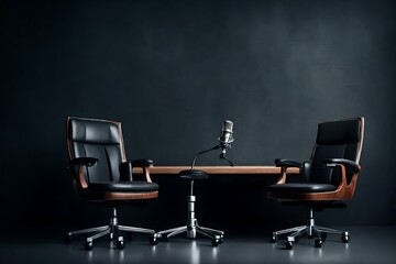 two chairs and microphones in podcast or interview room on dark background as a wide banner for media conversations or podcast streamers concepts with copyspace .