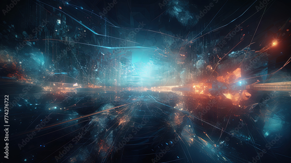 Poster Abstract technology burst with glowing wires and particles in motion. Technology and science dynamic background.