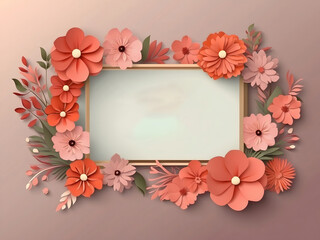 Obraz premium Abstract Festive Background with Flowers and a Rectangular Frame Design. Happy Mother's Day. Women's Day, March 8. Paper-cut floral greeting card. Vector illustration