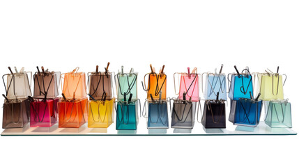 A row of colorful vases elegantly displayed on a glass shelf, creating a vibrant and eye-catching scene