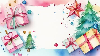 Fototapeta na wymiar Greeting card with place for text for Christmas, Christmas illustration for postcard or poster in watercolor style. New Year and Christmas. New Year's boxes, Christmas trees, Christmas tree toys.