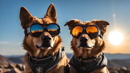 A dog wearing protective goggles seeing a total solar eclipse. The glasses' reflection of the entire solar eclipse - obrazy, fototapety, plakaty