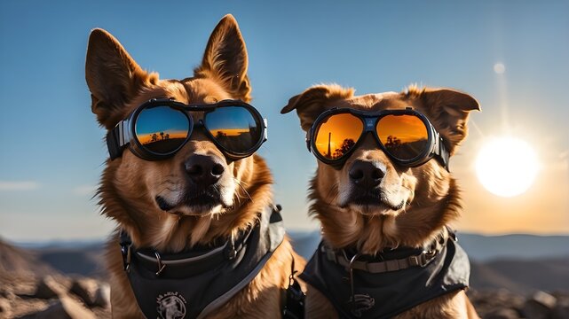 A dog wearing protective goggles seeing a total solar eclipse. The glasses' reflection of the entire solar eclipse
