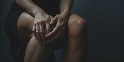 Woman in pain holding knee with dark background likely due to osteoarthritis or tendon issues . Concept Pain Management, Osteoarthritis, Knee Injuries, Physical Therapy, Dark Background Portrait