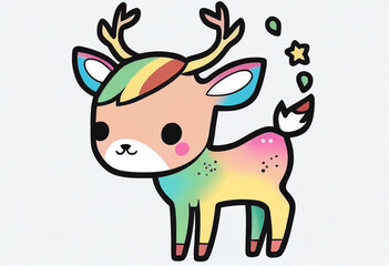 Cute cartoon deer with rainbow hair isolated on white background, hand drawing
