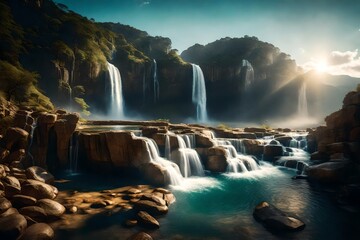 A surreal landscape featuring a magical hourglass with waterfalls flowing from it, with copyspace in the cascading water