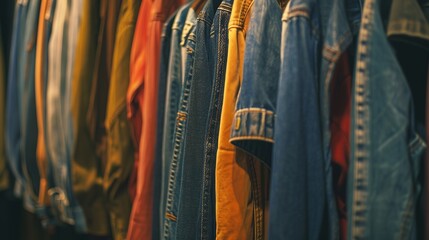 Many jeans dangling from a pegboard. A row of denim pants is hung in the closet. notion of shopping, buying, selling, and denim fashion